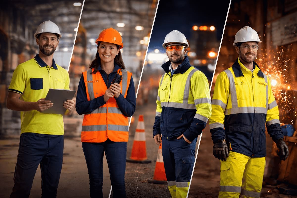 Workers wearing heavy-duty industrial workwear uniform with safety gear – Uniformcraft Dubai