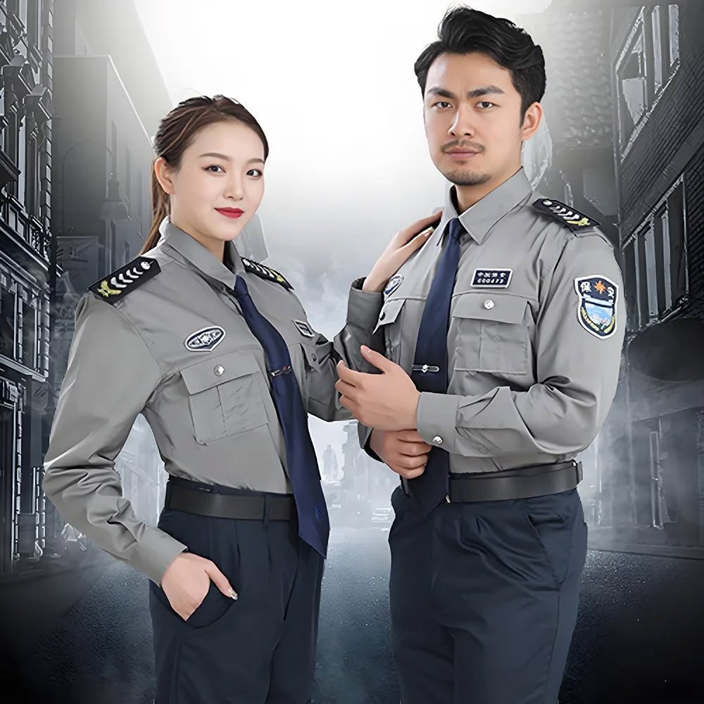 Male and female security officers in grey tactical uniform with shoulder patches – Uniformcraft Dubai