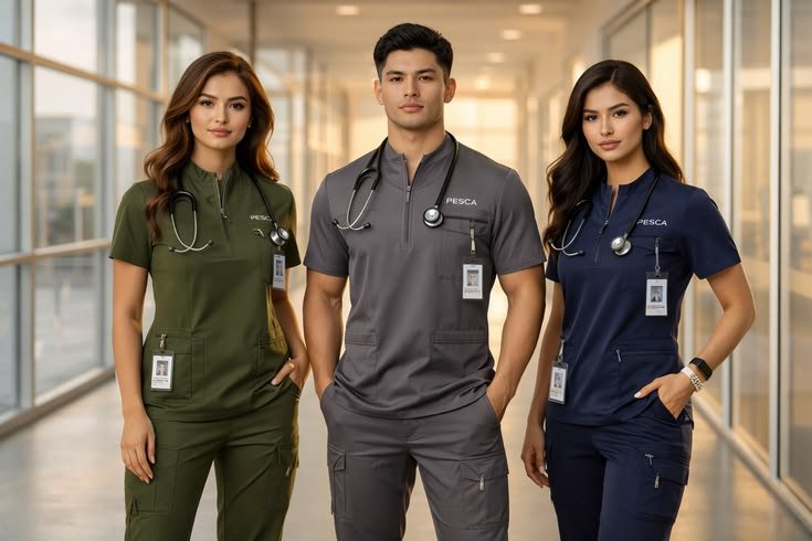 Healthcare professionals wearing antimicrobial medical scrubs in green, grey, and navy – Uniformcraft Dubai