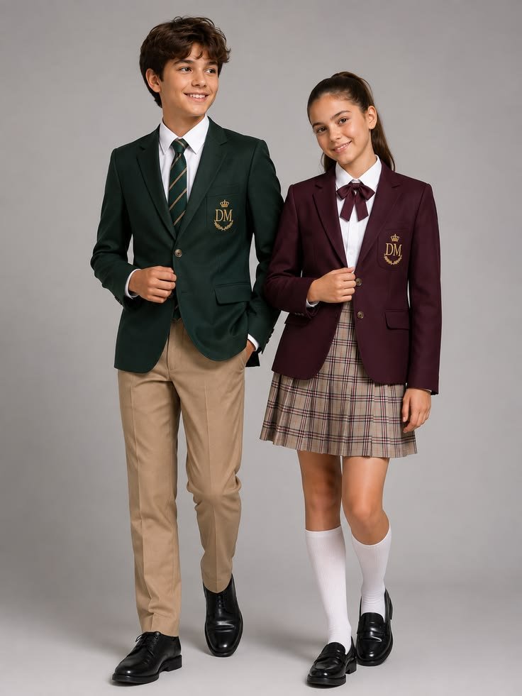 Teenage boy and girl wearing premium green and maroon school blazer uniforms with embroidered logo – Uniformcraft Dubai